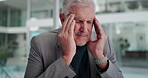 Headache, stress and man in office with decision, exhausted and fear for company mistake. Mental health, anxiety and director in workplace with migraine, error or doubt for business future. 