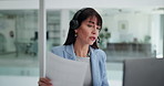 Business woman, consultant or laptop with headset for customer service or online advice in office. Female person, agent or talking with documents for virtual assistance, help or support in workplace