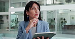 Business, thinking and woman with tablet, decision and planning with company audit. Mature person, financial agency and employee in office, tech and online reading with problem solving and internet