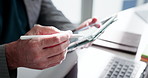Pen, hands and businessman with tablet in office to scroll compliance report, email or schedule. Technology, person and consultant with stylus for policy review, regulation update or online research