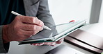 Pen, hands and businessman with tablet in company to scroll compliance report, email or schedule. Tech, person and consultant in office with stylus for policy review, regulation research or project