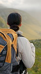 Back, woman and hiking with backpack on mountain for travel, fitness adventure and sightseeing. Female person, fresh air and trekking to explore nature, backpacking hill and view with green scenery