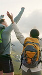 Hiking, success and mountain with couple outdoor for view, freedom and trekking achievement. Adventure, backpacking goals and winner with man and woman open arms in nature for celebration and target