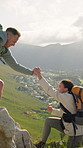 Hiking, help and couple with fitness, adventure and bonding together with environment. Outdoor, hiker or man with woman, support or travel with journey, countryside and trekking with vacation or love