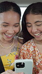 Travel, friends and laughing with phone in car for funny online post, social media meme or road trip. Happy, women and smartphone in vehicle for hotel booking app, location research and ride bonding