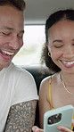 Happy couple, travel or car with phone for road trip adventure, commute or vacation together. Man, woman or traveler with smile or journey on mobile smartphone for online app, destination or location