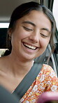 Travel, girl and happy with phone in car for funny social media post, road trip and sightseeing. Holiday journey, person or laughing with smartphone in vehicle for internet joke, text message or chat