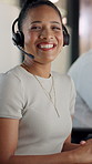 Face, headset and laughing with woman in call center for communication, feedback or virtual help. Assistance, contact us and customer service with funny employee in office for consulting or support