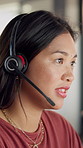 Woman, headset and talk at night, call center or happy for problem solving with customer support job. Person, agent or consultant with mic, service or solution with insight for contact at dark office