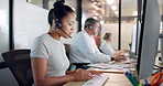 Woman, typing and customer support with computer for crm, call center and service in office. Consultant, technology and advice agency with research, problem solving and web operator with headset