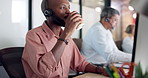 Coffee, computer and headset with man in call center for assistance, feedback or virtual help. Communication, cup and customer service with person drinking beverage in office for support solution