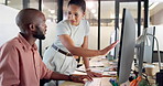 Computer, conversation and feedback with business people in office together for coaching or training. Explain, pc and system introduction with employee team at desk in workplace for management