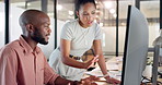 People, talking and mentor with computer in office for training, review article and copywriting advice. Team, manager and help with pc for guidance, coaching intern and feedback on story publication