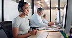 Woman, smile and customer support with computer for crm, call center and service in office. Consultant, technology and advice agency with conversation, problem solving and operator with headset