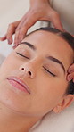 Hands, face massage and woman in spa for stress relief, calm and holistic wellness above. Health, masseuse and facial treatment in beauty salon for luxury therapy, healing and relax with top view