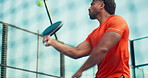 Man, padel and tennis court for match, ball or low angle for training, game and sports in summer. Person, athlete and outdoor with racket, equipment and gear for exercise with fitness for competition