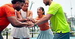 Padel court, hands stack and people with training, applause and team building with competition. Tennis players, men and women with practice, support and clapping with recreation, smile or sports game