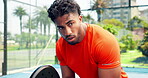 Breathing, padel and sports with serious man on court for event, fitness or tournament. Competition, determination and exercise with confident athlete outdoor for challenge, practice or training
