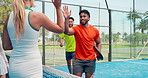Happy, people and high five for padel outdoor for fitness, match practice and game success. Friends, talking and celebration for tennis competition, sports achievement and tips for winning tournament
