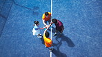 Above, applause and huddle with friends on court together for celebration, fitness or motivation. Exercise, hand stack and team building with group of people outdoor for competition or tournament