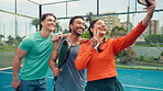 Tennis team, peace sign and selfie on court for tournament memory, social media post and practice. Padel player, group and laughing in photo at fitness club for game training or sport profile picture