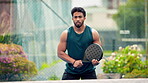 Sports, padel and game with man on court for competition training, contest and fitness. Challenge, tennis player and athlete match with person on outdoor turf for workout, cardio and tournament