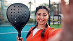 Face, padel and selfie of happy woman for sports, memory or social media with photography. Portrait, person and picture of tennis player with racket, smile and fitness at outdoor court with POV