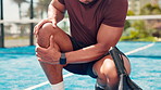Man, hands and knee pain with sport injury on padel court for ache, joint inflammation or strain. Active, male person or sore leg with muscle tension or pressure for accident, match or outdoor game
