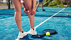 Woman, leg injury or massage on tennis court for muscle tension, inflammation relief or wellness. Active, person outdoor with calf pain or discomfort from playing padel, sports game or cardio workout