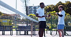 Tennis, sports and men on court talking for workout tips, conversation and training together. Personal trainer, friends and people with racket outdoor for exercise, fitness or practice for challenge