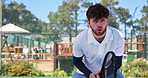 Tennis stance, man and breathing with racket on court for competition, endurance or ready to play. Sports, fitness or player with game energy for tournament match, waiting and workout at health club
