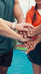 Sport, tennis and team with hands together on court for match celebration, support and game success. Fitness, huddle and people with applause in group for training progress, performance and practice
