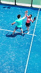 Sport, padel and team with high five on court for tournament win, match victory and game success. Above, tennis doubles and excited players with celebration for training performance and achievement