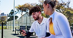 Tennis, fitness and people with phone talking for workout tips, online tracking or check health app. Sports, personal trainer and man with woman on smartphone for exercise, training stats or practice