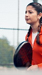 Tennis, outdoor and woman with fitness, competition and tournament with serve. Healthy person, player and athlete with racket, challenge or sports game with training, practice or exercise with cardio