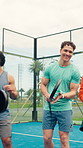 Friends, tennis court and excited for padel game, motivation and outdoor with applause for fitness. People, group and athlete with sports gear, equipment and competition with racket for match at club