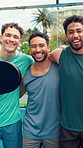 Men, friends and face with hug at tennis court, excited or bonding with sports, training and fitness club. People, group and portrait for embrace, happy and ready with racket, gear and equipment
