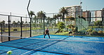 Padel, fitness and people on court playing for workout, competition and training together. Team, sports and man with woman for game, match and outdoor for exercise, hobby and practice for hobby