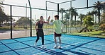 Winning, padel and people on court high five for training, exercise and playing for competition. Sports, fitness and woman with man for hobby, workout and challenge for tournament, match and game