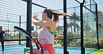 Woman, start on tennis court with greeting for friends, sports tournament and competition practice. Active person, running to outdoor workout with gym bag, wave and padel racket for friendly match.