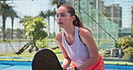 Padel, sports and man on court breathe for practice, exercise and training for competition, match and game. Sports, fitness and athlete with equipment for hobby, workout and challenge outdoor