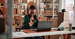 Dancing, entrepreneur and woman with laptop, startup and happy for sales on online shop or applause. Clapping, business owner and person with tech in warehouse, excited and celebration for success