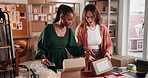 Women, boxes and teamwork for small business, logistics and creative fashion boutique startup with online sales. Designers, tech and shipping for internet store, retail service and ecommerce order