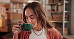 Ecommerce, woman or entrepreneur drink coffee in warehouse, supply chain and getting ready for work. Small business, energy boost and person with espresso to improve productivity, hot beverage or tea