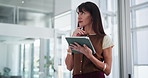 Thinking, office and business woman on tablet for story ideas, article review and feedback. Creative agency, editor and thoughtful person on digital tech for online publication, research or planning