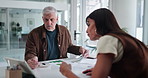 Tablet, documents and business people with discussion in office with finance negotiation for statistics. Meeting, technology and financial manager with client for investment proposal with paperwork.