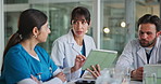People, doctor and meeting with tablet for medical procedure, planning or strategy in hospital. Group, healthcare team or employees with technology for clinical trial, diagnosis or research together