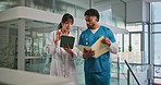 People, doctor and tablet with folder in hospital for medical results, patient history and surgery schedule. Staff, team and document with healthcare report, treatment plan and compliance information