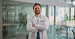 Arms crossed, doctor and face of man in hospital for healthcare, about us and pride. Happy, medical professional and physician with portrait of person in clinic for wellness advisor and confidence