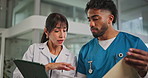 Doctor, tablet or surgeon with document in hospital, discussion or patient results for consultation. Explain medical case, tech or people talking for ideas for treatment care plan, advice or teamwork